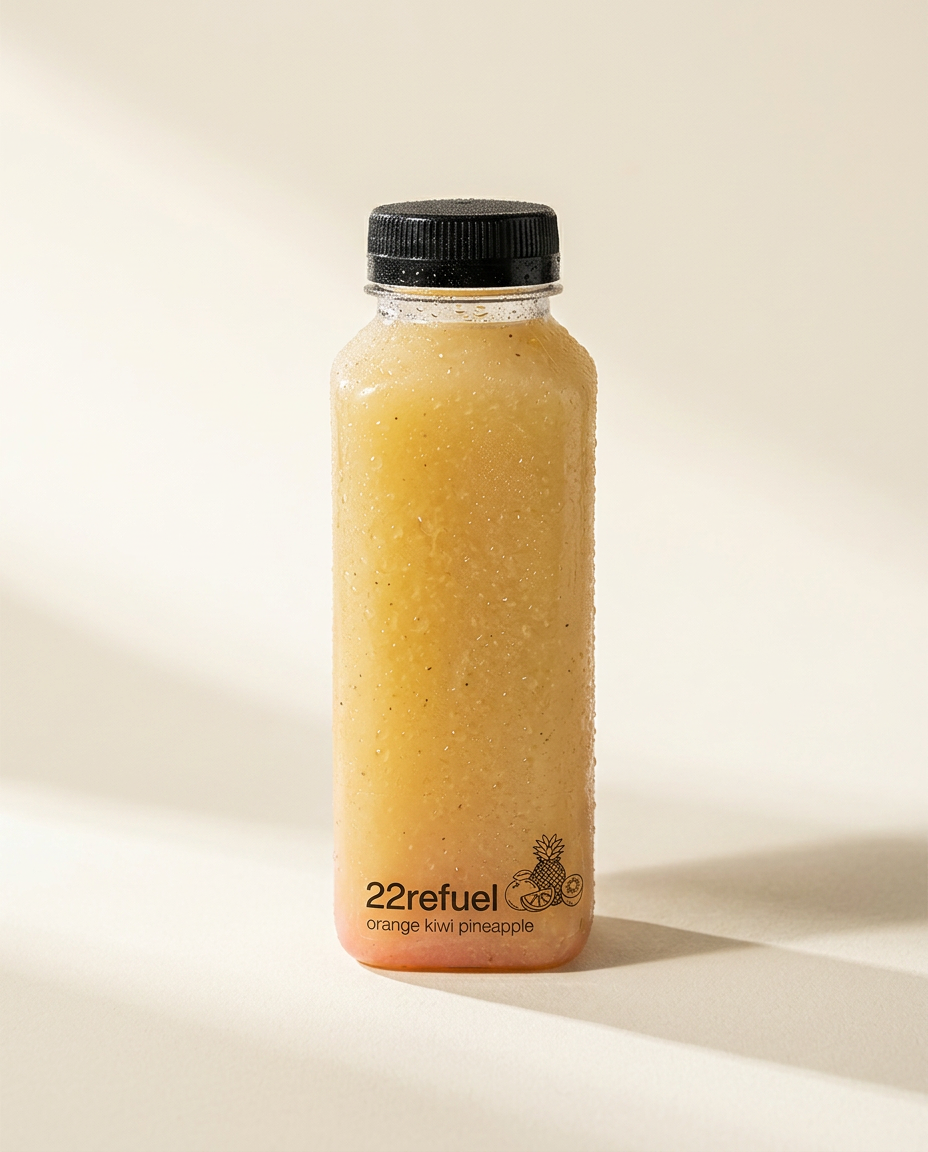 22refuel Orange, Kiwi & Pineapple cold-pressed juice bottle